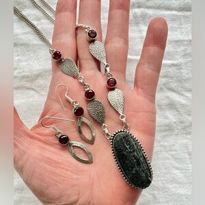 925 2 piece SET! Raw Black Tourmaline Necklace Pendant